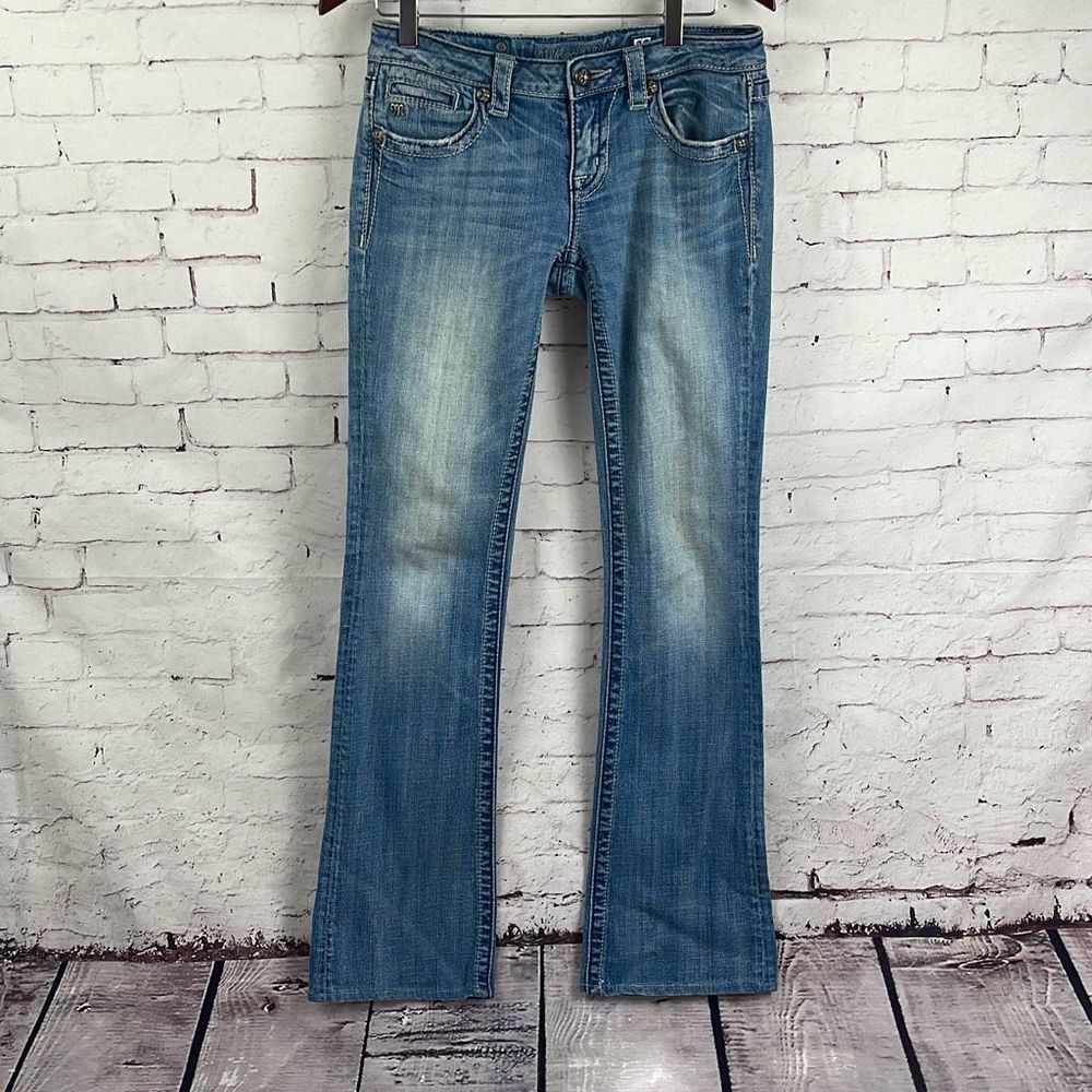 Miss Me Jeans Womens 28 Boot Low Rise Wings Rhinestone Embellished Stretch Blue